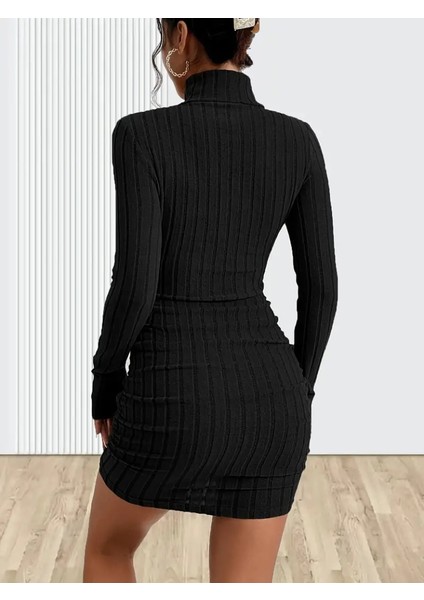 Kadın Uzun Kollu Balıkçı Yaka Kısa Şardonlu Kaşkorse Elbise 2xl-3xl-Siyah indirimleri