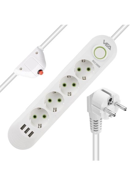 VA-21560 4'lü 3 Usb'li 1.5 Metre Akım Korumalı Priz Beyaz