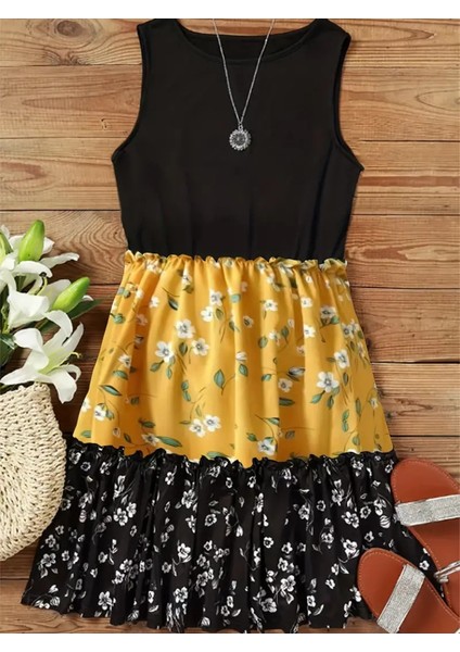 Kadın Askılı Yuvarlak Yaka Çiçek Baskılı Salaş Süprem Elbise 2xl-3xl-Sarı fiyatları