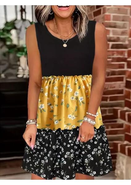 Kadın Askılı Yuvarlak Yaka Çiçek Baskılı Salaş Süprem Elbise 2xl-3xl-Sarı modelleri