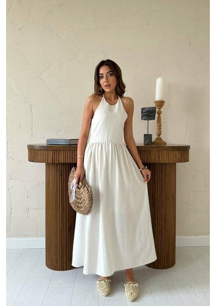 Bej Arkası Gipeli Keten Elbise M-Bej