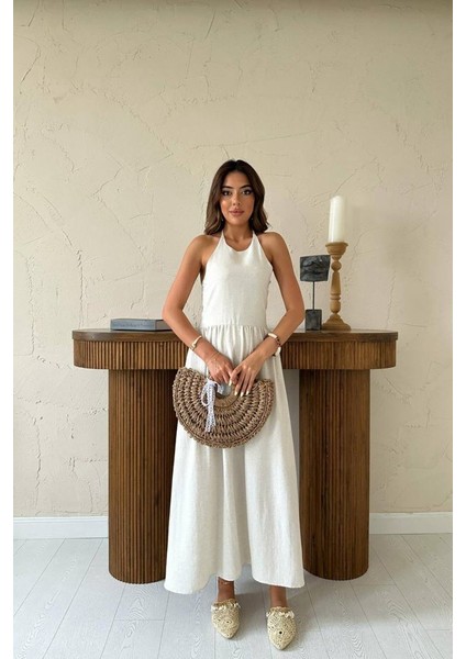 Bej Arkası Gipeli Keten Elbise M-Bej fiyatları