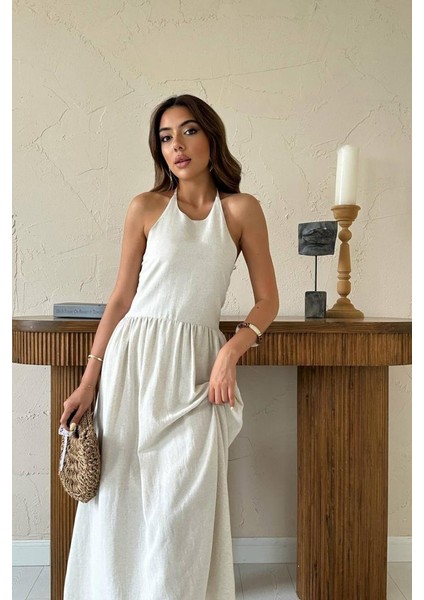 Bej Arkası Gipeli Keten Elbise M-Bej modelleri