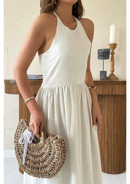 Bej Arkası Gipeli Keten Elbise M-Bej fırsatları