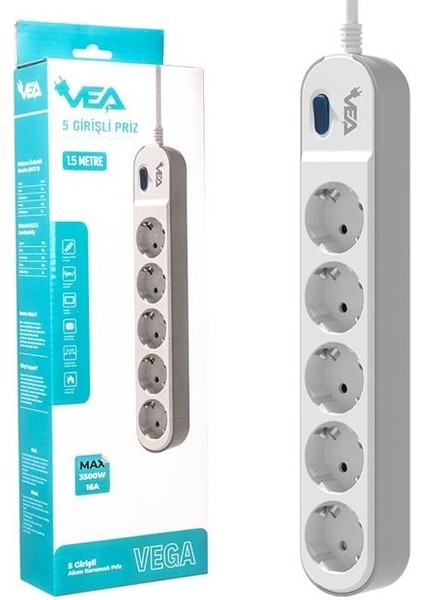 VE-VEGA105 A Class 5'li Anahtarlı 1.5 Metre Akım Korumalı Priz fırsatları