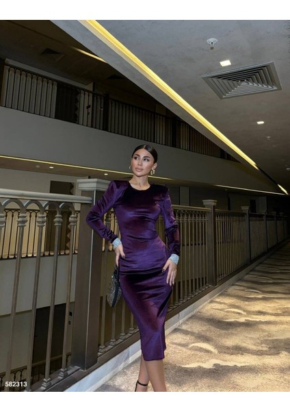Kadın Bisiklet Yaka Vatkalı Manşet Detay Kadife Kumaş Midi Boy Elbise S-Mor modelleri