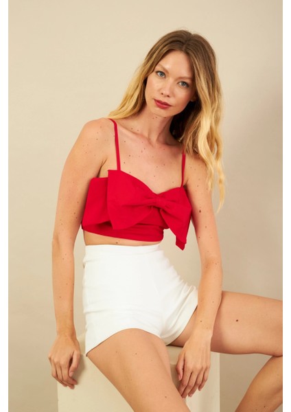 Kadın Kırmızı Fiyonklu Crop Bluz KED0089