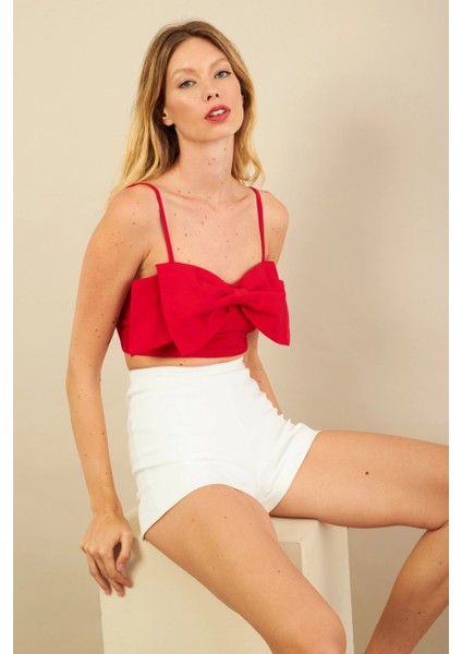 Kadın Kırmızı Fiyonklu Crop Bluz KED0089 fiyatları