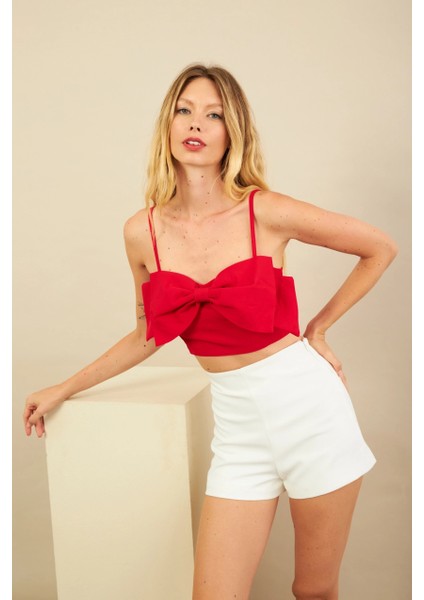 Kadın Kırmızı Fiyonklu Crop Bluz KED0089 modelleri