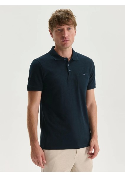Classic Lacivert Polo Yaka Kısa Kollu Erkek Dokulu Tişört