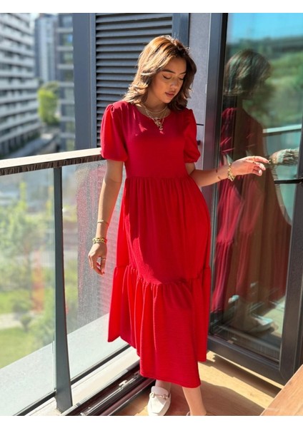 Kadın Kısa Kollu Yakası Açık Katlı Bürümcük Balon Elbise 2xl-3xl-Kırmızı modelleri