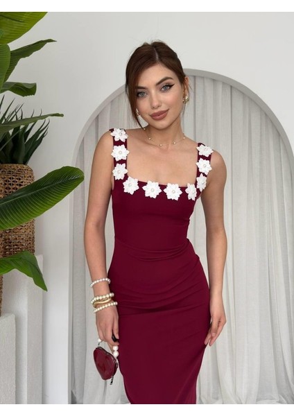 Mıng Çiçek Detaylı Elbise L-Bordo