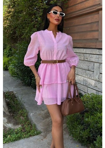 Deri Kemerli Fırfırlı Elbise 2901 Pembe-L