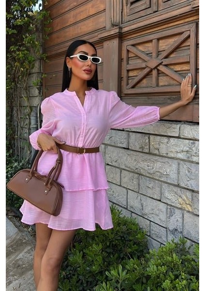 Deri Kemerli Fırfırlı Elbise 2901 Pembe-L indirimleri