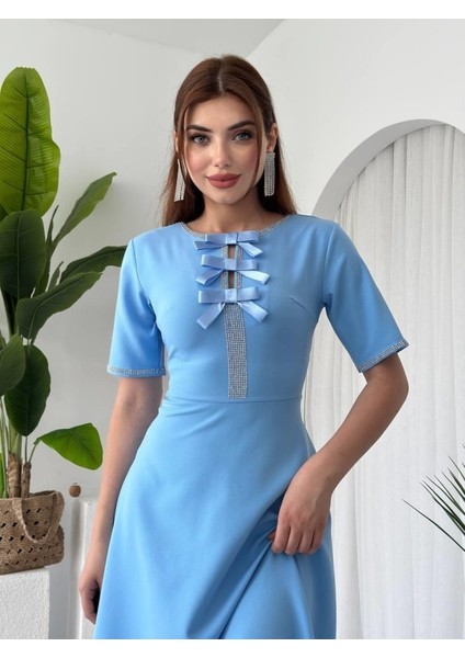 Wera Taşlı Fiyonk Detaylı Elbise L-Bebe Mavi̇si̇