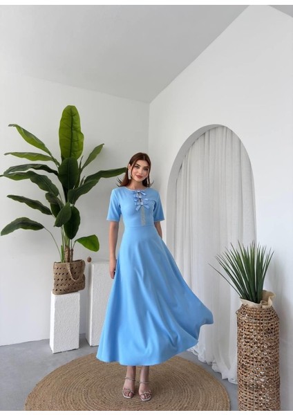 Wera Taşlı Fiyonk Detaylı Elbise L-Bebe Mavi̇si̇ fırsatları
