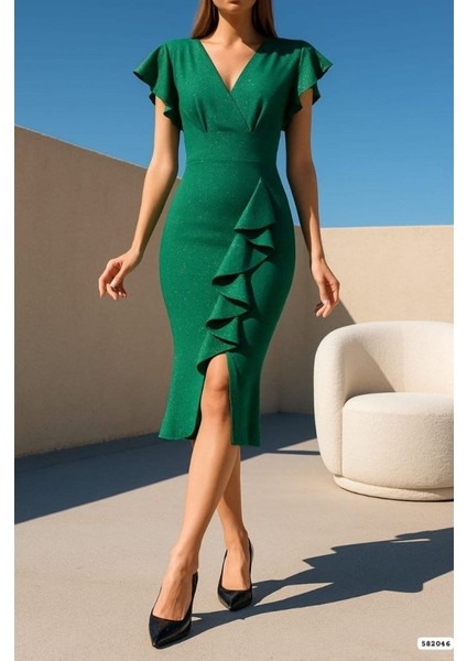 Kadın Simli Elbise Kol Pileli Yırtmaç Detaylı Elbise M-Yeşil