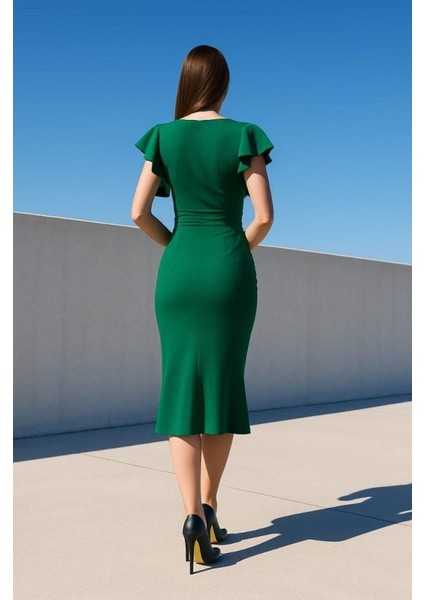 Kadın Simli Elbise Kol Pileli Yırtmaç Detaylı Elbise M-Yeşil fiyatları