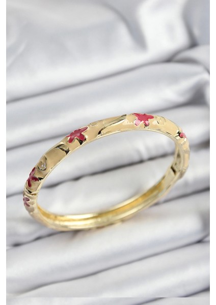 Mineli Pirinç Pembe ve Krem Çiçek Motifli Gold Renk Kadın Kelepçe