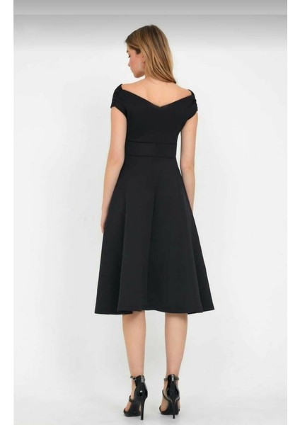 Düşük Omuz Eteği Pileli Krep Kumaş Midi Boy Elbise L-Xl-Siyah modelleri