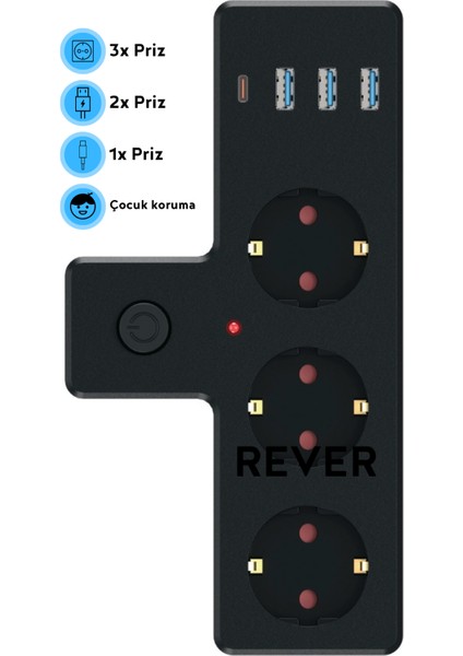 Akım Korumalı 3'lü Priz 3x USB / 1x Type-C / 3x Priz Duvar Tipi Çoğaltıcı