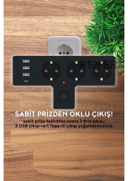 Akım Korumalı 3'lü Priz 3x USB / 1x Type-C / 3x Priz Duvar Tipi Çoğaltıcı fiyatları