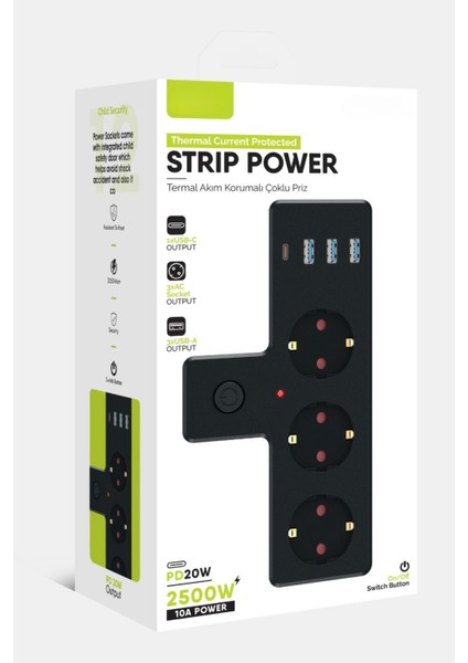 Akım Korumalı 3'lü Priz 3x USB / 1x Type-C / 3x Priz Duvar Tipi Çoğaltıcı modelleri