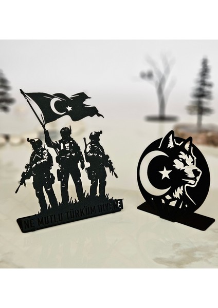 Türk Askeri & Bozkurt Figürlü Lazer Kesim Metal Dekor Seti (2’li)