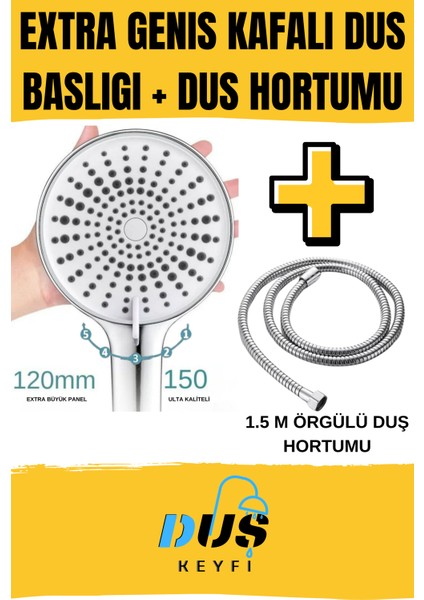120MM Extra Geniş Başlıklı Duş Başlığı + 1.5 Metre Paslanmaz Çelik Örgülü Duş Hortumu | Su Tasarruflu, Basınçlı, Dayanıklı | Akd Duş Keyfi