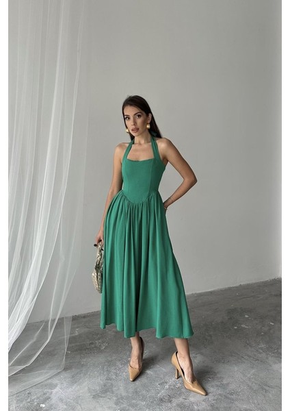 Yeşil Boyundan Bağlamalı Keten Elbise L-Yeşil fiyatları