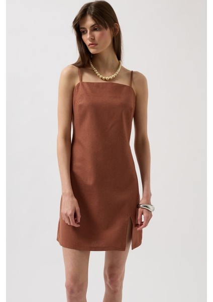 Ip Askılı Yırtmaç Detay Keten Mini Elbise L-Kahverengi