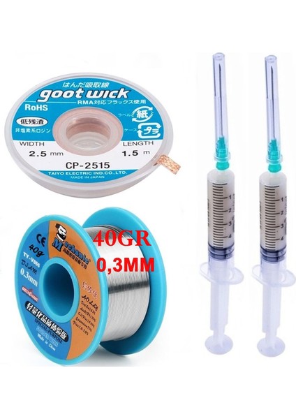 Soldering Wıre 63 Sn-37 Pb Lehim Teli 40 Gr. 03 mm Flux Lehim Toplama Lehim Emme Fitili 2,5mm Seti 3IN1ARADA ST02