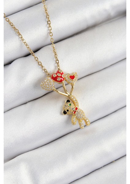 316L Çelik Zirkon Taşlı Uçan Balonlu Ayıcık Model Gold Renk Kadın Kolye