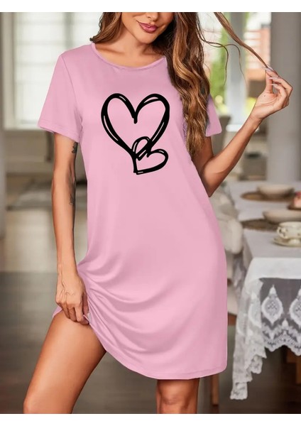 Kadın Kısa Kollu Bisiklet Yaka Kalp Desenli Viskon Elbise Pembe-L-Xl