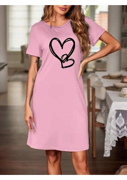 Kadın Kısa Kollu Bisiklet Yaka Kalp Desenli Viskon Elbise Pembe-L-Xl fiyatları