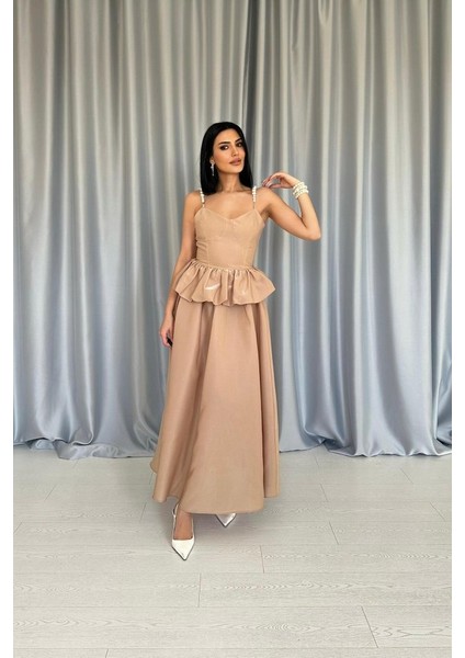 Camel Beli Büzgülü Inci Askılı Uzun Elbise S-Camel fiyatları