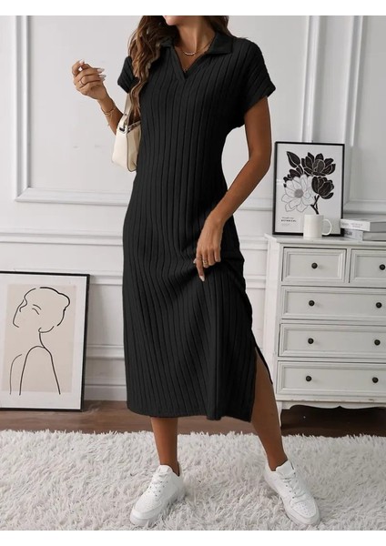 Kadın Kısa Kollu Yakalı Yandan Yırtmaçlı Kalın Fitilli Kaşkorse Elbise 2xl-3xl-Siyah