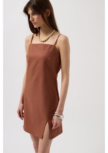 Ip Askılı Yırtmaç Detay Keten Mini Elbise Xs-Kahverengi modelleri