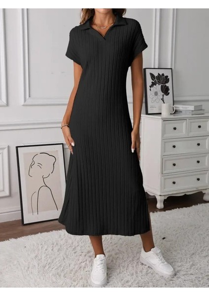 Kadın Kısa Kollu Yakalı Yandan Yırtmaçlı Kalın Fitilli Kaşkorse Elbise 2xl-3xl-Siyah fiyatları