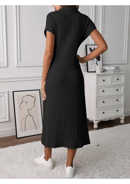 Kadın Kısa Kollu Yakalı Yandan Yırtmaçlı Kalın Fitilli Kaşkorse Elbise 2xl-3xl-Siyah modelleri