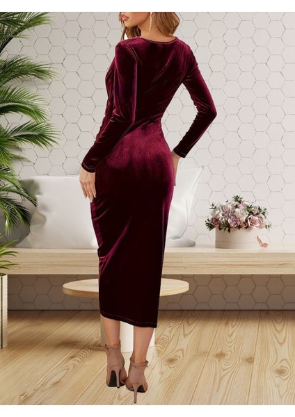Kadın Uzun Kollu Kruvaze Yaka Belden Büzgü Detay Midi Kadife Elbise 2xl-3xl-Bordo modelleri