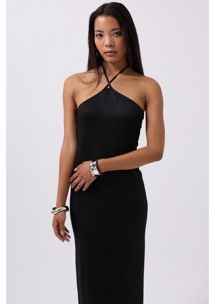 Çapraz Askılı Maxi Elbise Siyah-Xs