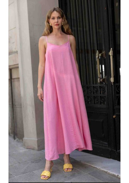 Askılı Maxi Elbise Pembe
