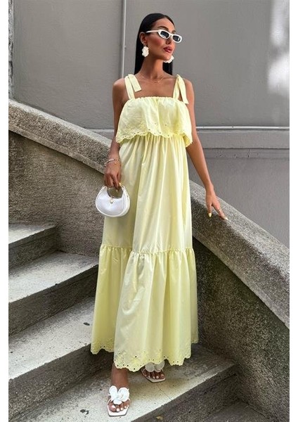 Etek Ucu Brode Nakışlı Boyundan Bağlamalı Elbise 2881 S-Altın fiyatları