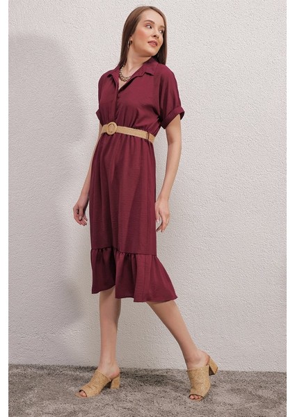 2292 Kemerli Elbise - Bordo 38-Bordo modelleri