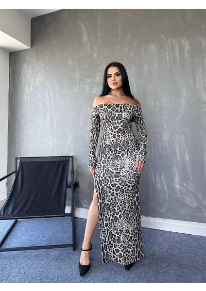 Kadın Madonna Yaka Dalgıç Kumaş Leopar Desen Maxi Boy Derin Yırtmaçlı Elbise S-Leopar