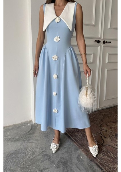 Mavi Gül Detaylı Atlas Elbise Mavi-L fırsatları