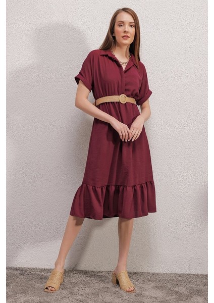 2292 Kemerli Elbise - Bordo 42-Bordo fırsatları