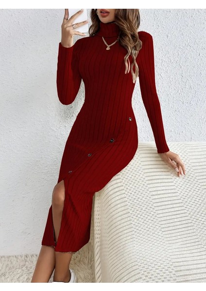 Kadın Uzun Kollu Balıkçı Yaka Yırtmaçlı Düğmeli Şardonlu Kaşkorse Elbise(Kemersiz) L-Xl-Bordo fiyatları