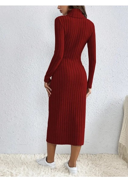 Kadın Uzun Kollu Balıkçı Yaka Yırtmaçlı Düğmeli Şardonlu Kaşkorse Elbise(Kemersiz) L-Xl-Bordo modelleri